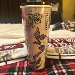 Starbucks Iridescent Tumbler with Black Botanical Design. Glows in the dark